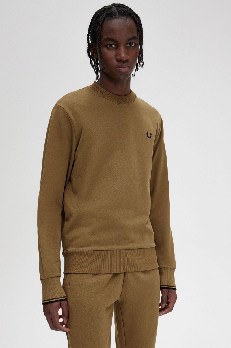 Shaded Stone / Burnt Tobacco Fred Perry Crew Neck Men's Sweatshirts | LCATR96822