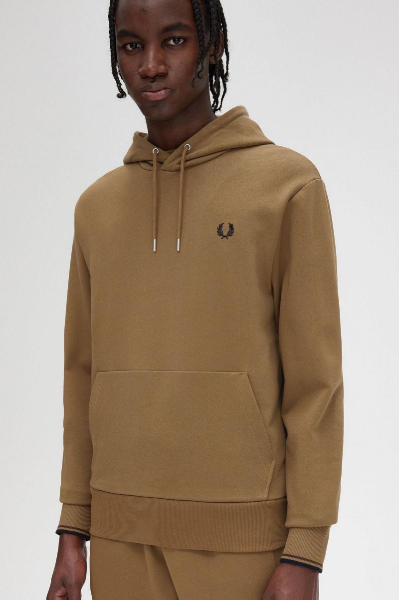 Shaded Stone / Burnt Tobacco Fred Perry Tipped Hooded Men's Sweatshirts | CAJBT88256