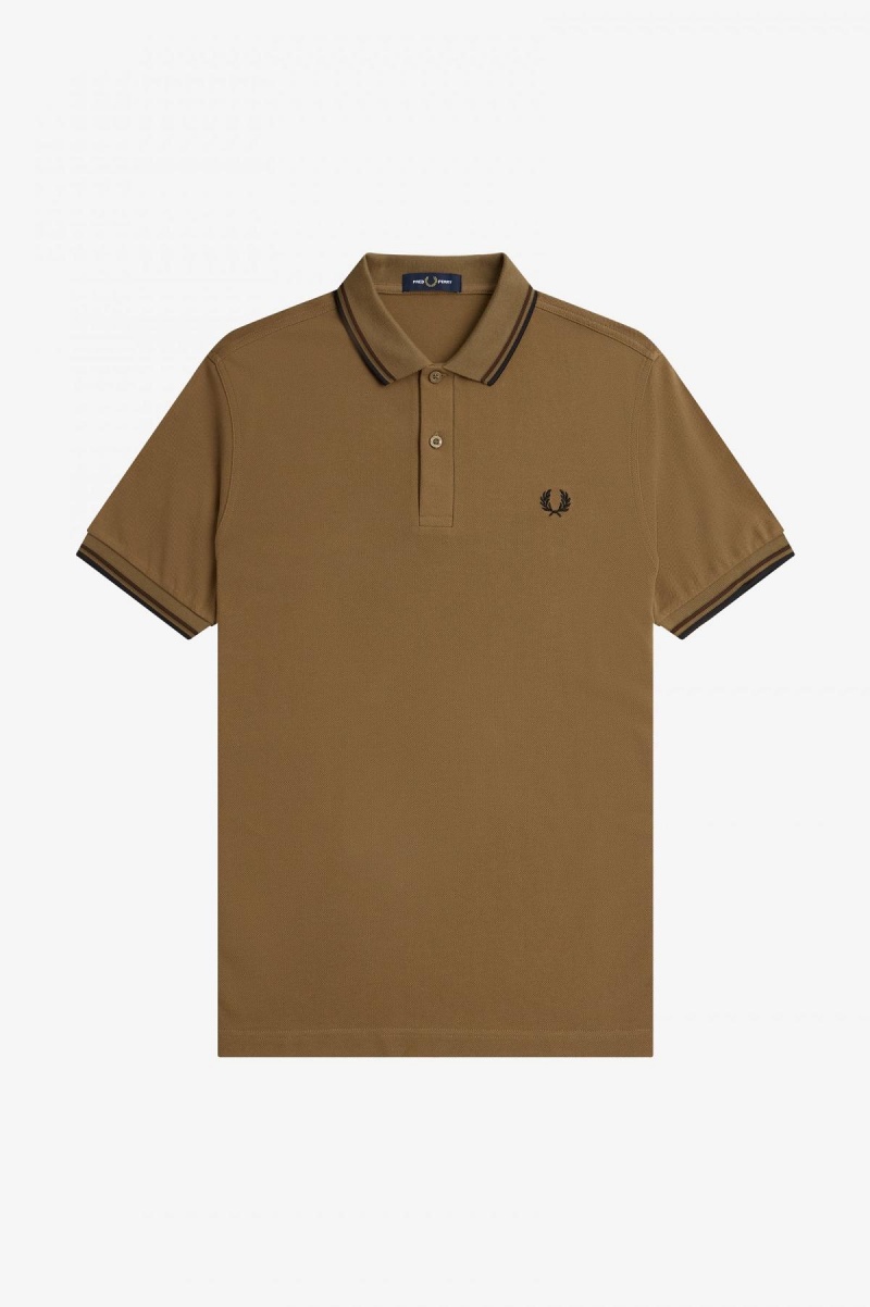 Shaded Stone / Burnt Tobacco / Black Fred Perry M3600 Men's Fred Perry Shirt | SCANY53578