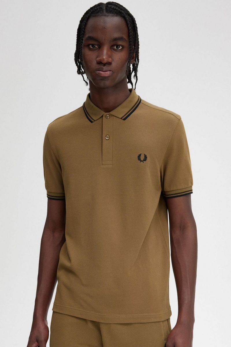 Shaded Stone / Burnt Tobacco / Black Fred Perry M3600 Men's Polo Shirts | ECAHC52169