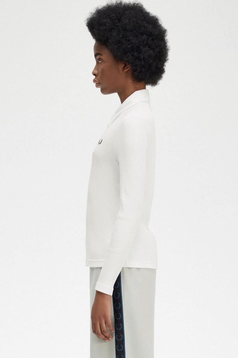 Snow White Fred Perry Long Sleeve Ribbed Women's Polo Shirts | ECAHC24705