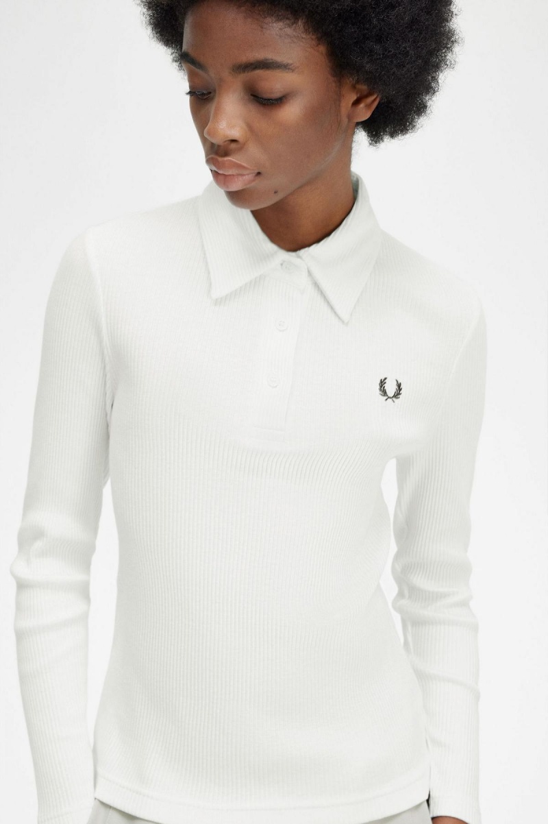 Snow White Fred Perry Long Sleeve Ribbed Women's Polo Shirts | ECAHC24705