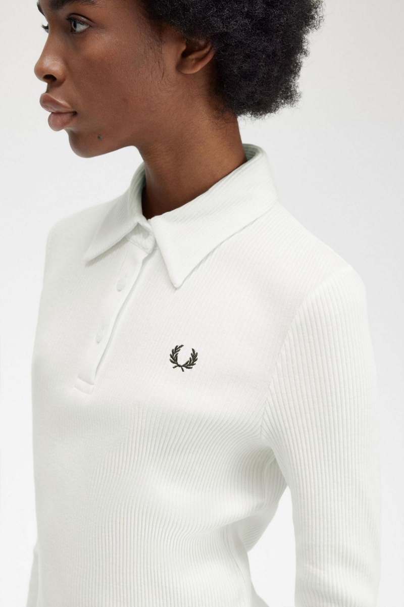 Snow White Fred Perry Long Sleeve Ribbed Women's Polo Shirts | ECAHC24705