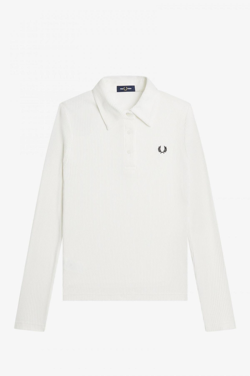 Snow White Fred Perry Long Sleeve Ribbed Women's Polo Shirts | ECAHC24705