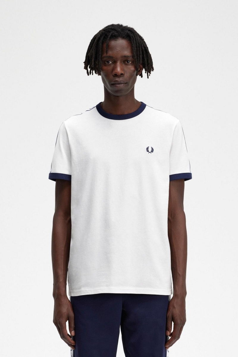 Snow White Fred Perry Taped Ringer Men's T Shirts | CANEJ56016