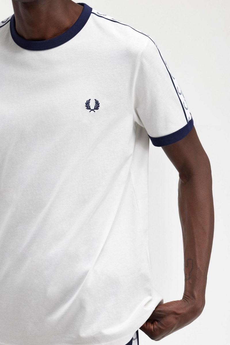 Snow White Fred Perry Taped Ringer Men's T Shirts | CANEJ56016