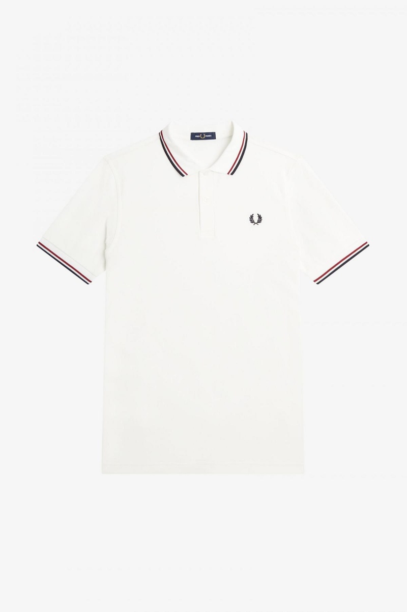 Snow White / Burnt Red / Navy Fred Perry M3600 Men's Fred Perry Shirt | ZCANQ48623