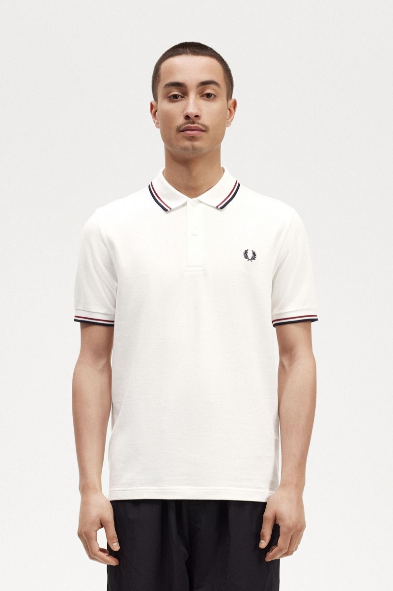 Snow White / Burnt Red / Navy Fred Perry M3600 Men's Fred Perry Shirt | ZCANQ48623