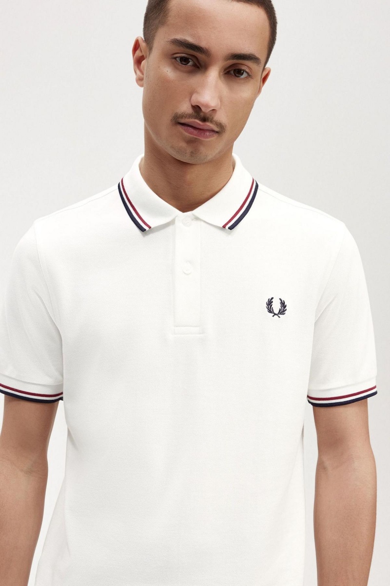 Snow White / Burnt Red / Navy Fred Perry M3600 Men's Polo Shirts | CAEGJ41424