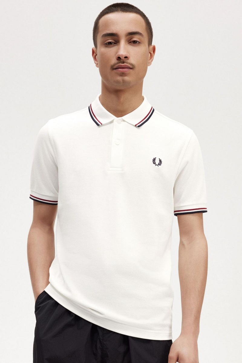 Snow White / Burnt Red / Navy Fred Perry M3600 Men's Polo Shirts | CAEGJ41424