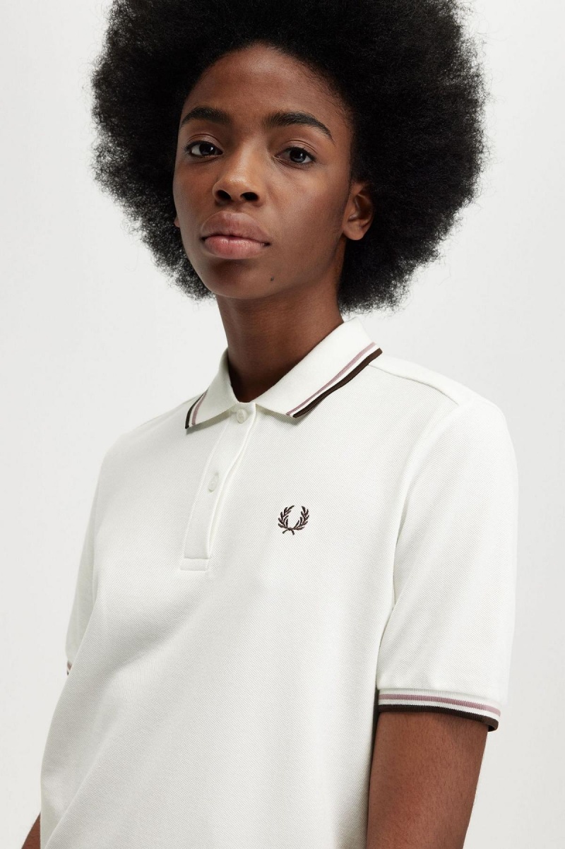 Snow White / Dark Pink / Burnt Tobacco Fred Perry G3600 Women's Polo Shirts | CAJKU95281