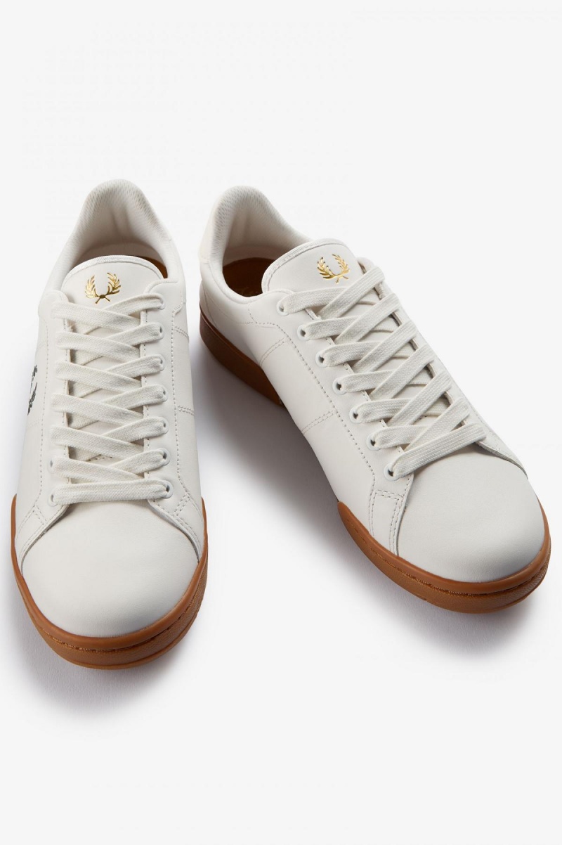 Snow White / Field Green Fred Perry B722 Men's Shoes | QCAUV61818