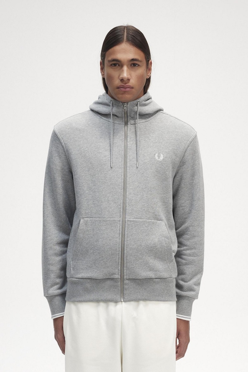 Steel Marl Fred Perry Hooded Zip Through Men\'s Sweatshirts | TCAPQ34185