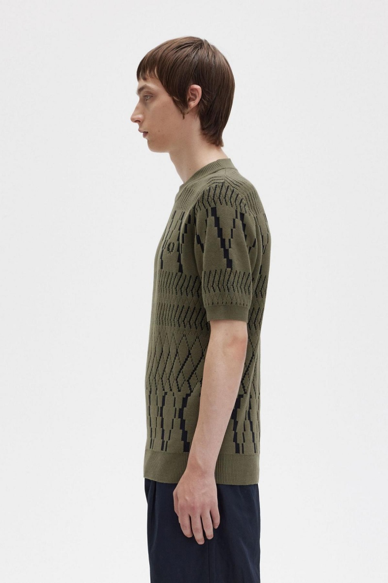 Uniform Green Fred Perry Argyle Panel Knitted T-Shirt Men's Knitwear | GCAEC44414