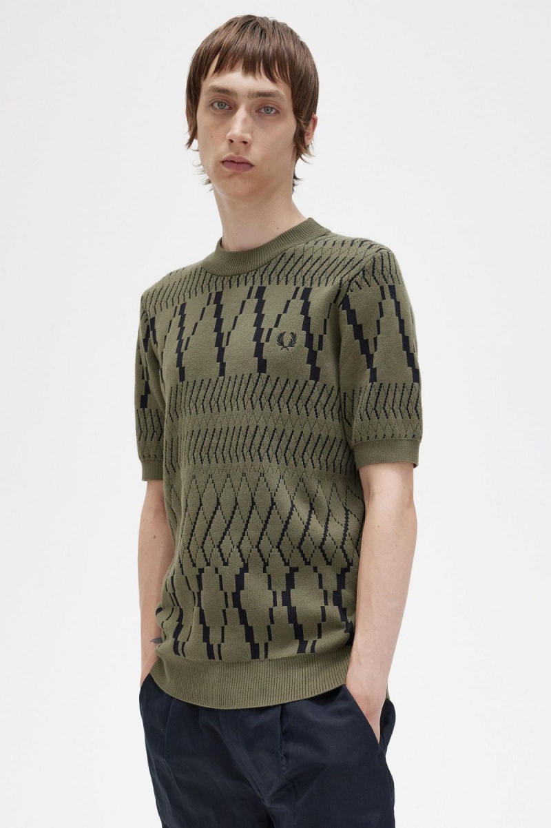 Uniform Green Fred Perry Argyle Panel Knitted T-Shirt Men's Knitwear | GCAEC44414