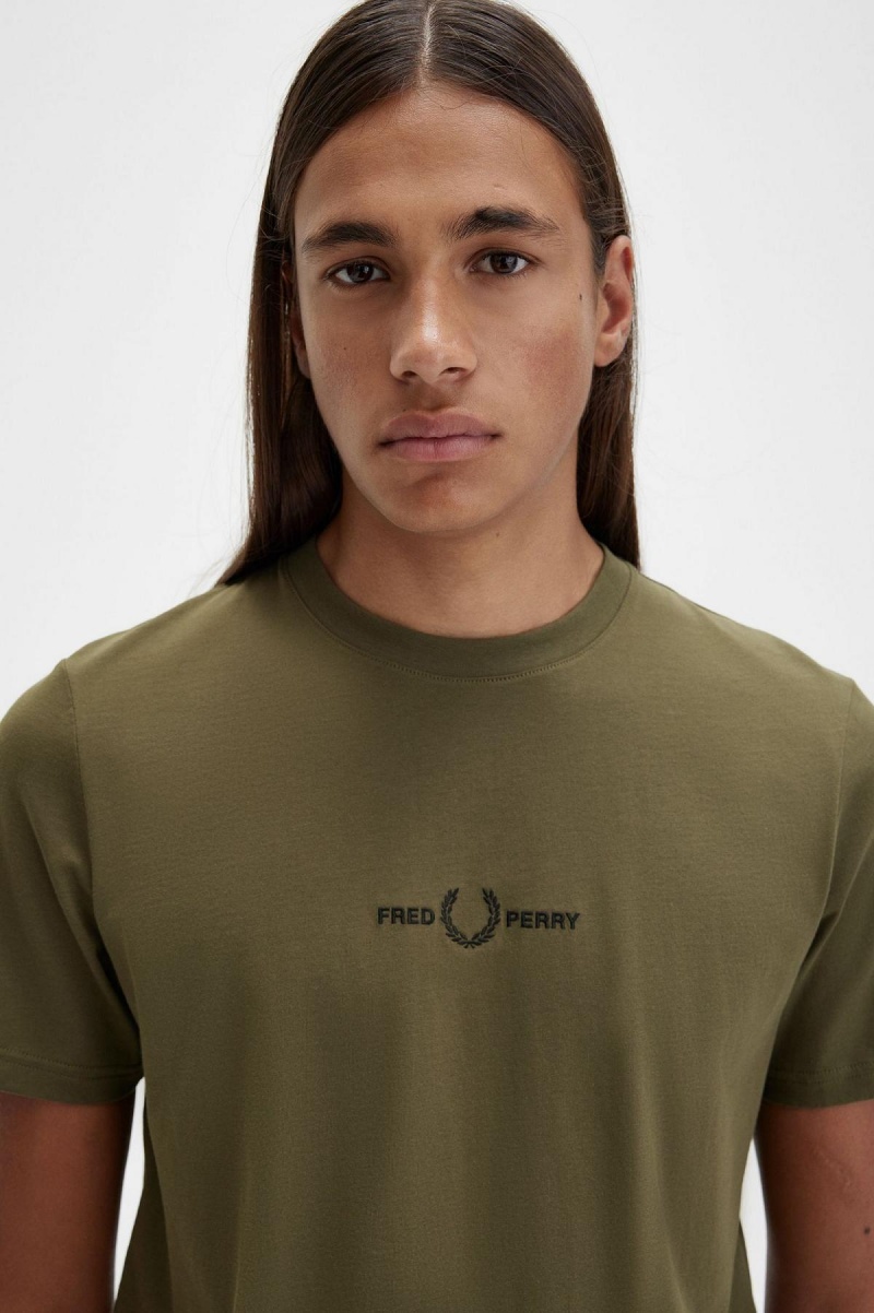 Uniform Green Fred Perry Embroidered Men's T Shirts | CAJVR75257