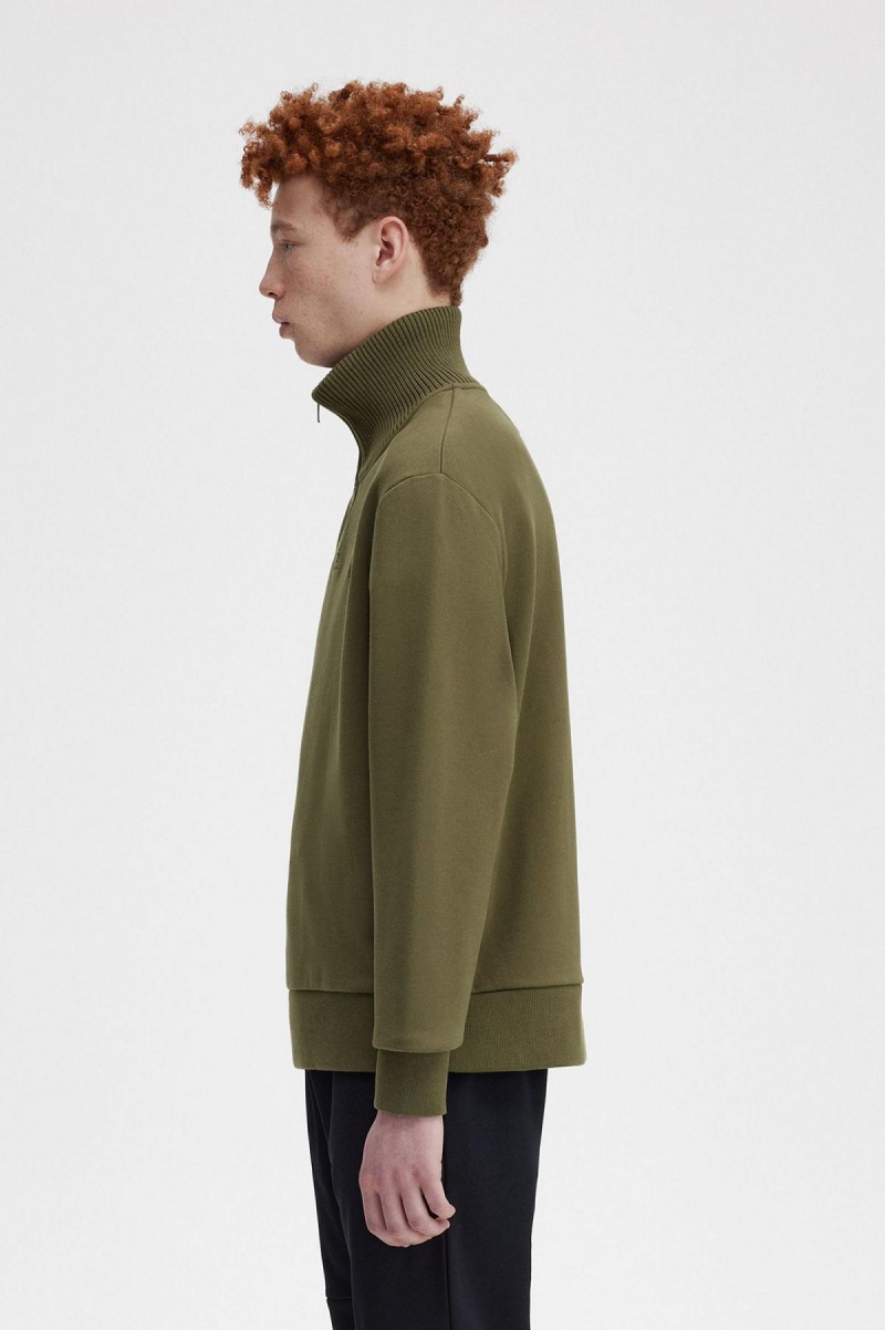 Uniform Green Fred Perry Knitted Trim Zip Neck Men's Sweatshirts | QCAUV69045