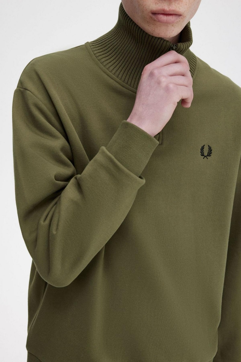 Uniform Green Fred Perry Knitted Trim Zip Neck Men's Sweatshirts | QCAUV69045