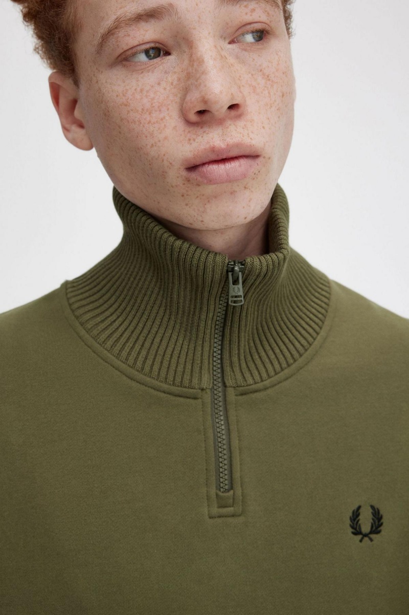 Uniform Green Fred Perry Knitted Trim Zip Neck Men's Sweatshirts | QCAUV69045