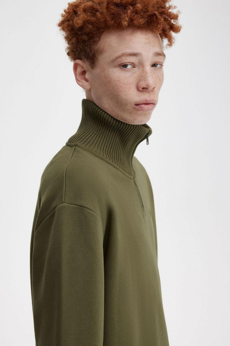 Uniform Green Fred Perry Knitted Trim Zip Neck Men's Sweatshirts | QCAUV69045