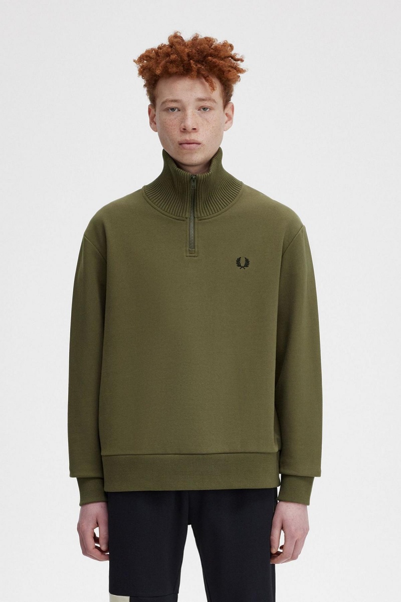 Uniform Green Fred Perry Knitted Trim Zip Neck Men\'s Sweatshirts | QCAUV69045