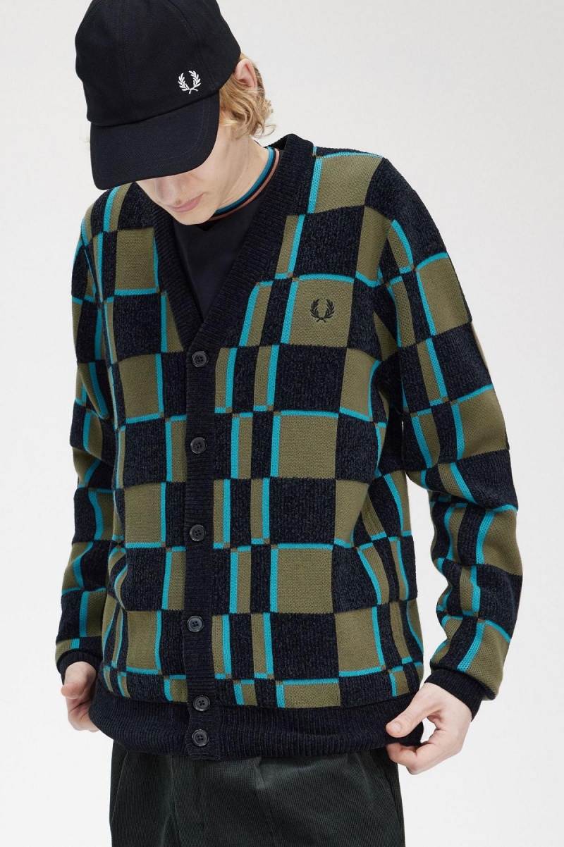 Uniform Green / Black Fred Perry Glitch Chequerboard Cardigan Men's Knitwear | DCAVO66092