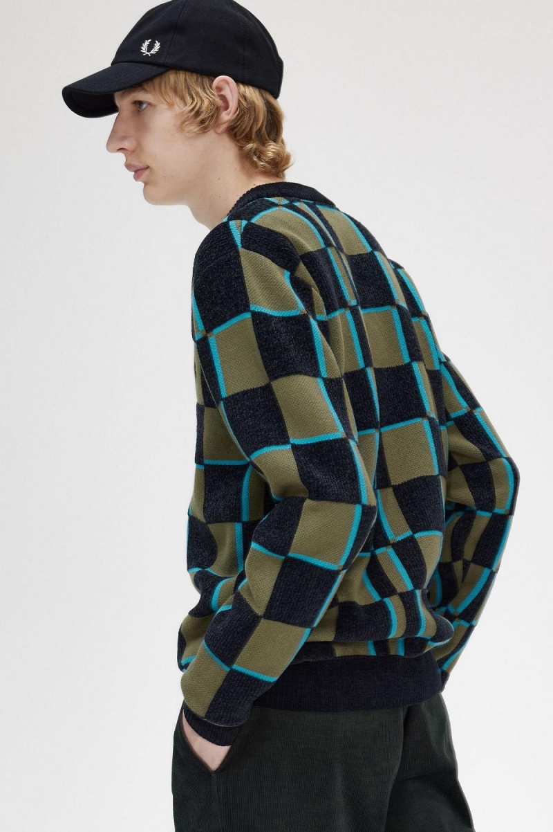 Uniform Green / Black Fred Perry Glitch Chequerboard Cardigan Men's Knitwear | DCAVO66092