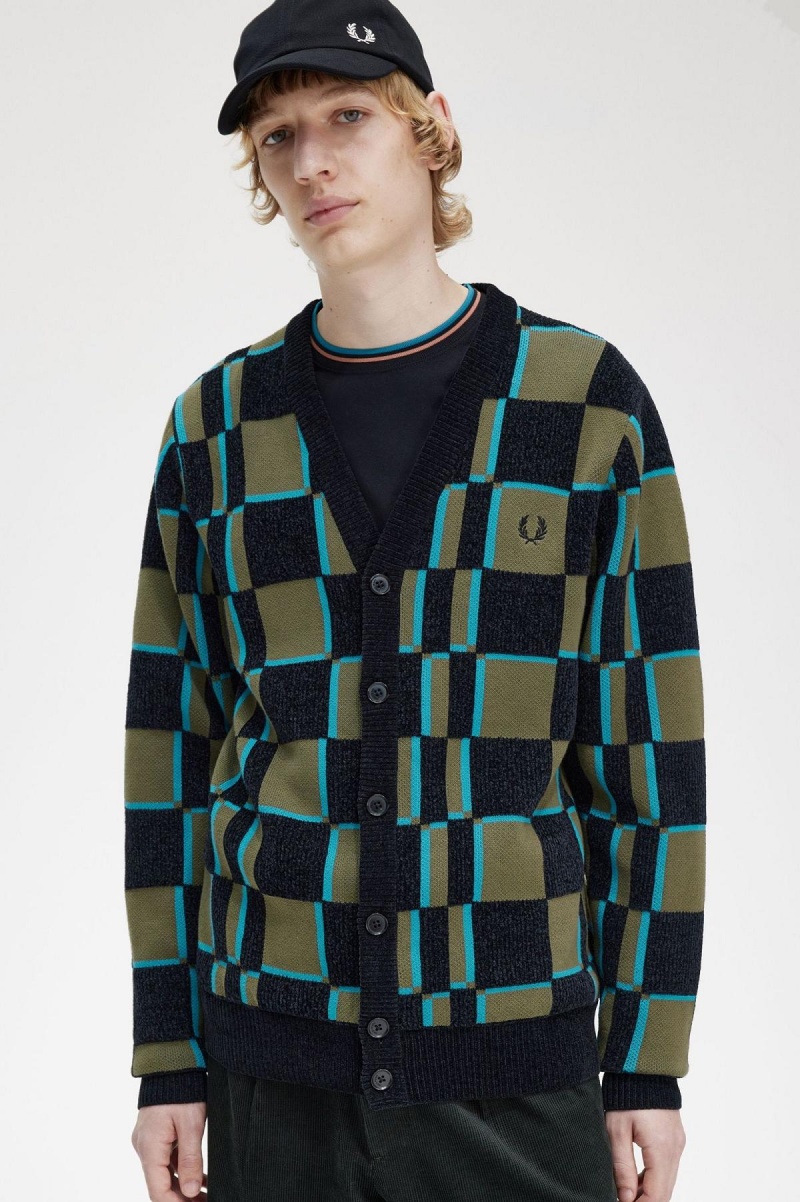 Uniform Green / Black Fred Perry Glitch Chequerboard Cardigan Men's Knitwear | DCAVO66092