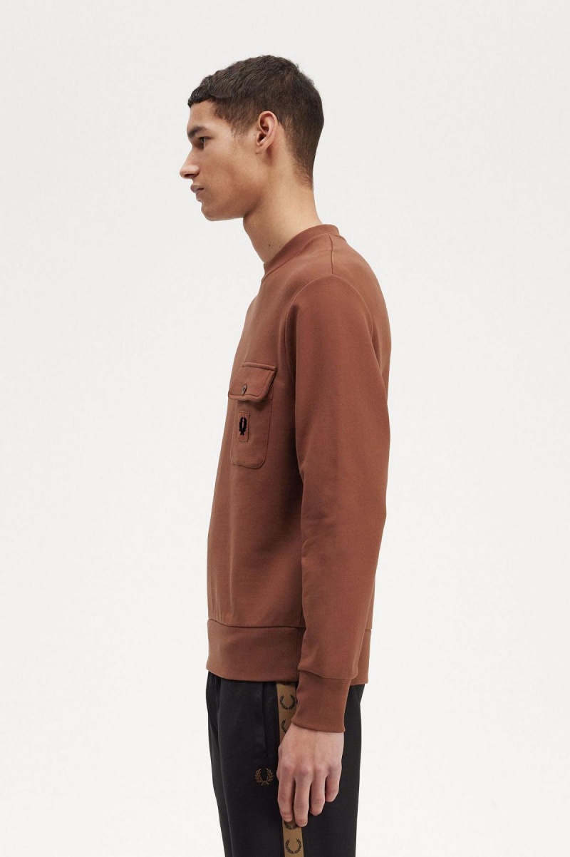 Whisky Brown Fred Perry Badge Detail Crew Neck Men's Sweatshirts | CAJKU61544