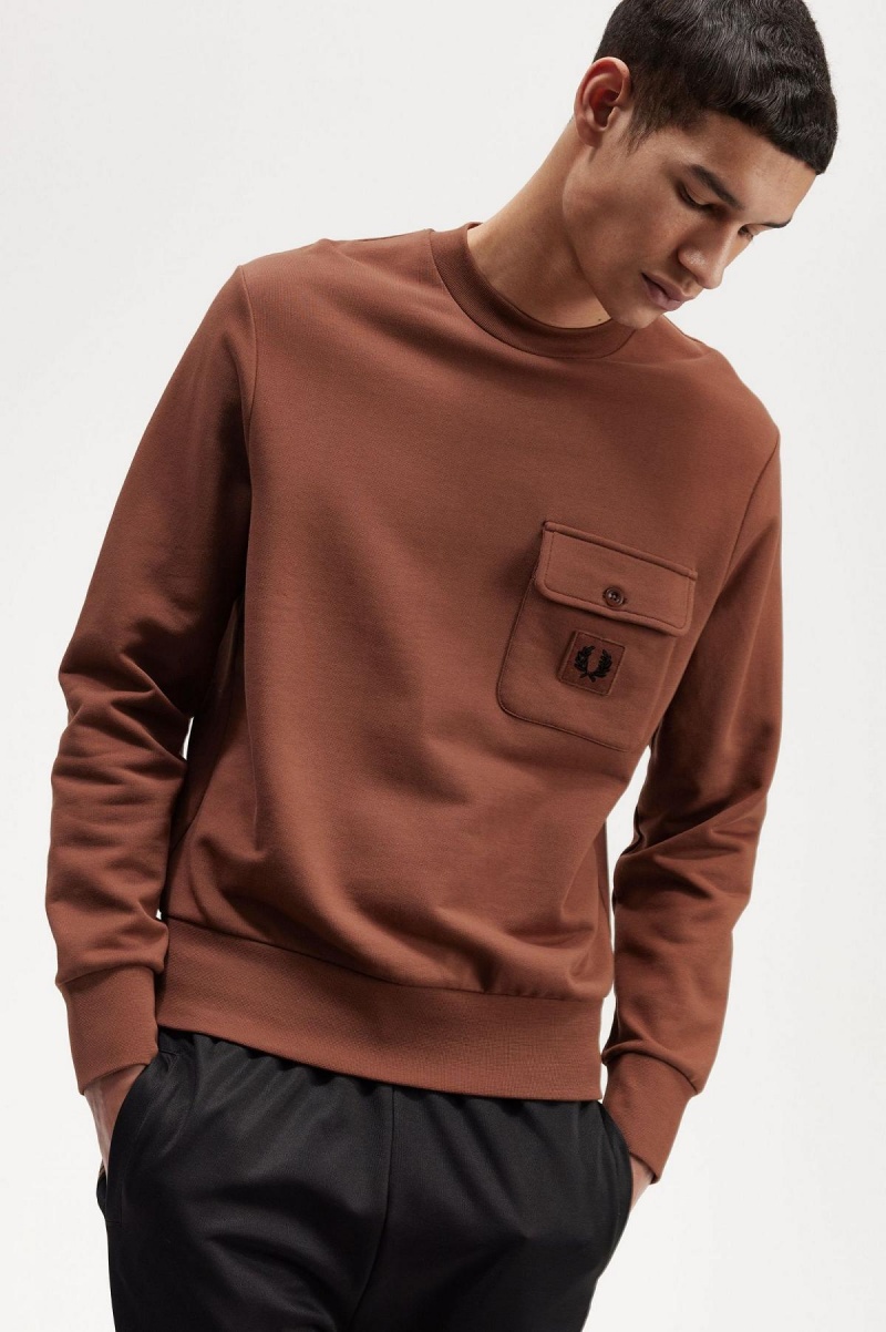 Whisky Brown Fred Perry Badge Detail Crew Neck Men's Sweatshirts | CAJKU61544