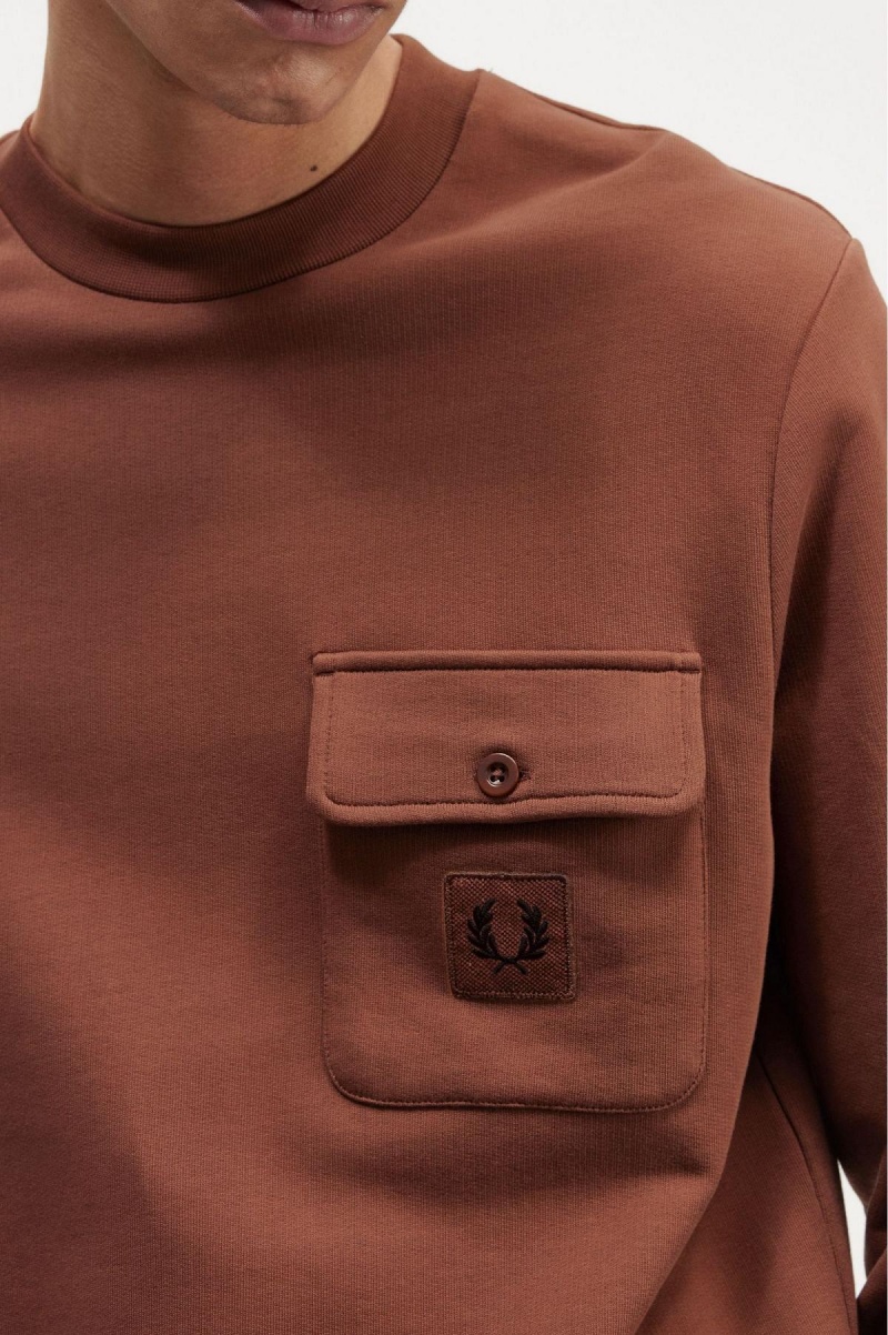 Whisky Brown Fred Perry Badge Detail Crew Neck Men's Sweatshirts | CAJKU61544