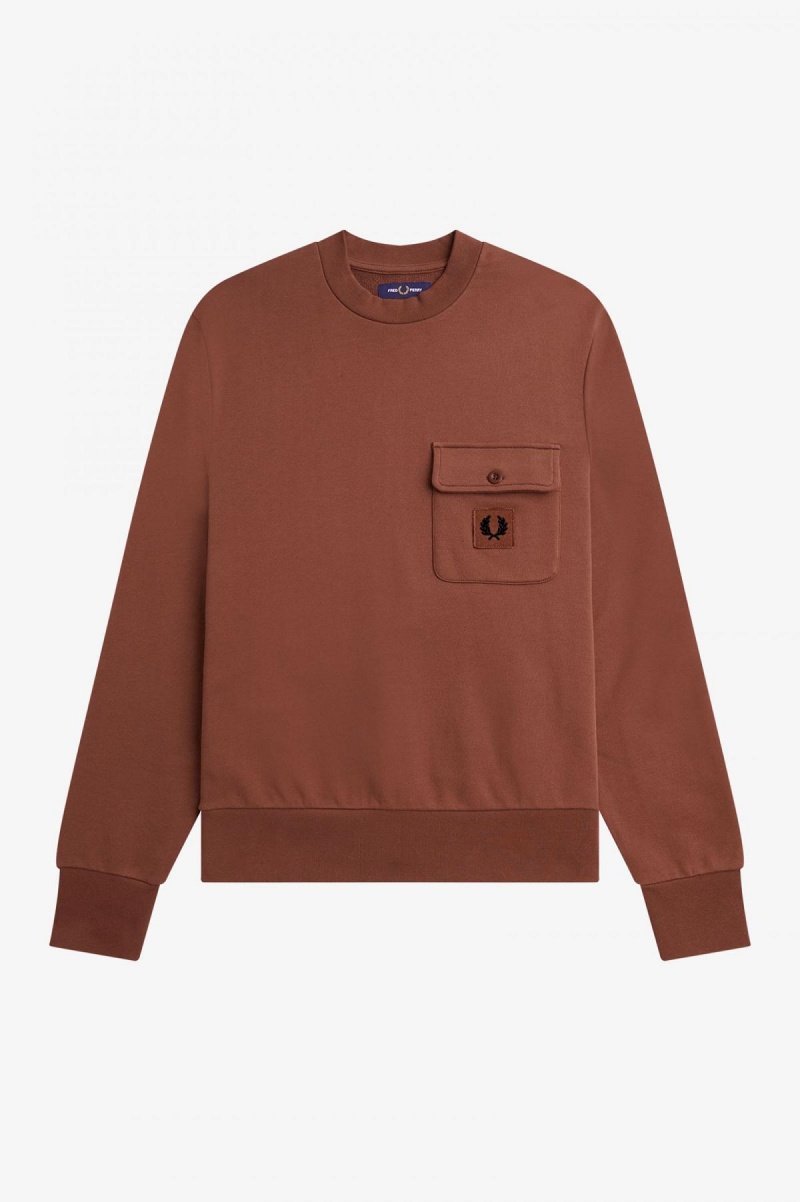 Whisky Brown Fred Perry Badge Detail Crew Neck Men's Sweatshirts | CAJKU61544