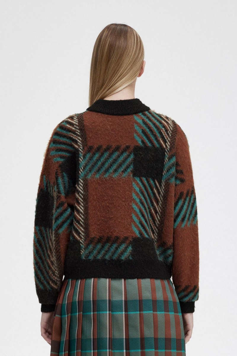 Whisky Brown Fred Perry Glitch Tartan Jumper Women's Knitwear | DCAKV96906