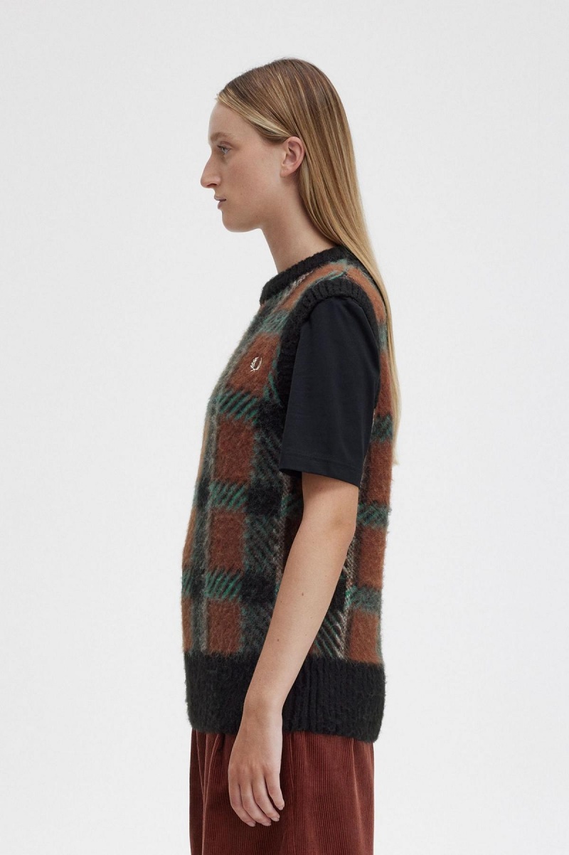 Whisky Brown Fred Perry Glitch Tartan Knitted Tank Women's Knitwear | CADYB93216