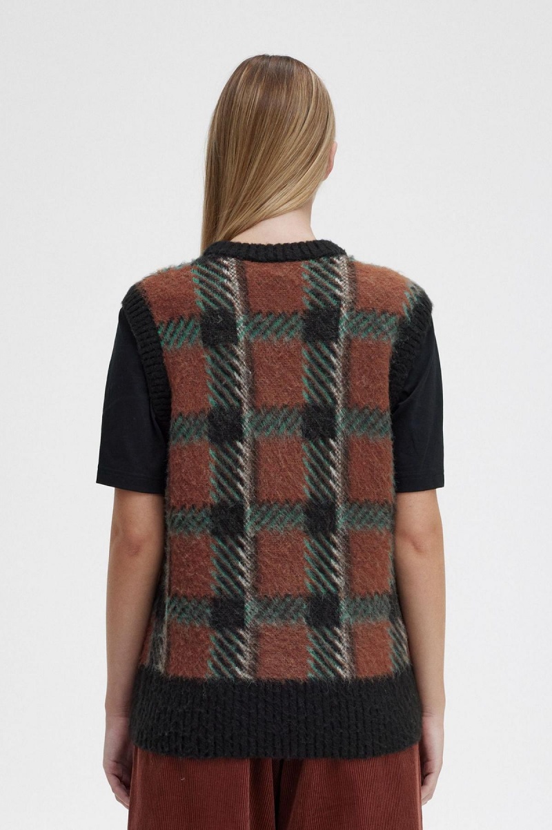 Whisky Brown Fred Perry Glitch Tartan Knitted Tank Women's Knitwear | CADYB93216