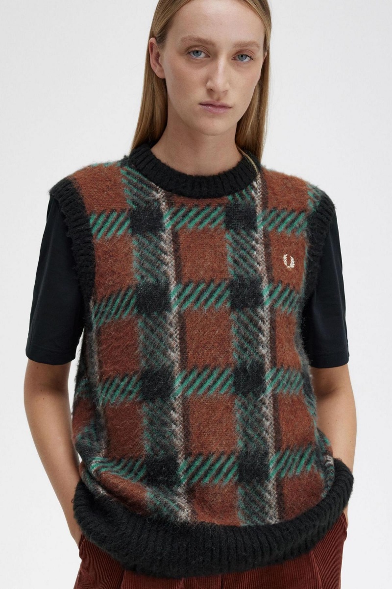 Whisky Brown Fred Perry Glitch Tartan Knitted Tank Women's Knitwear | CADYB93216