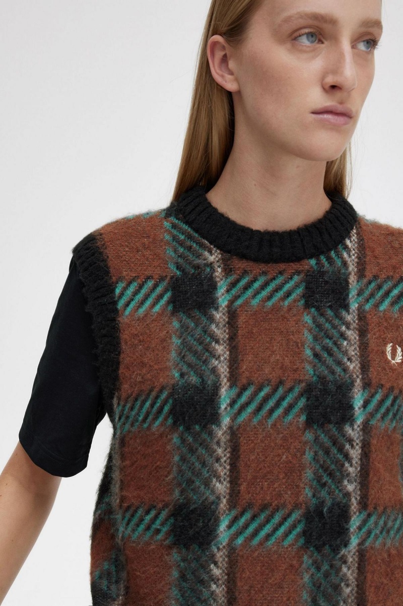 Whisky Brown Fred Perry Glitch Tartan Knitted Tank Women's Knitwear | CADYB93216