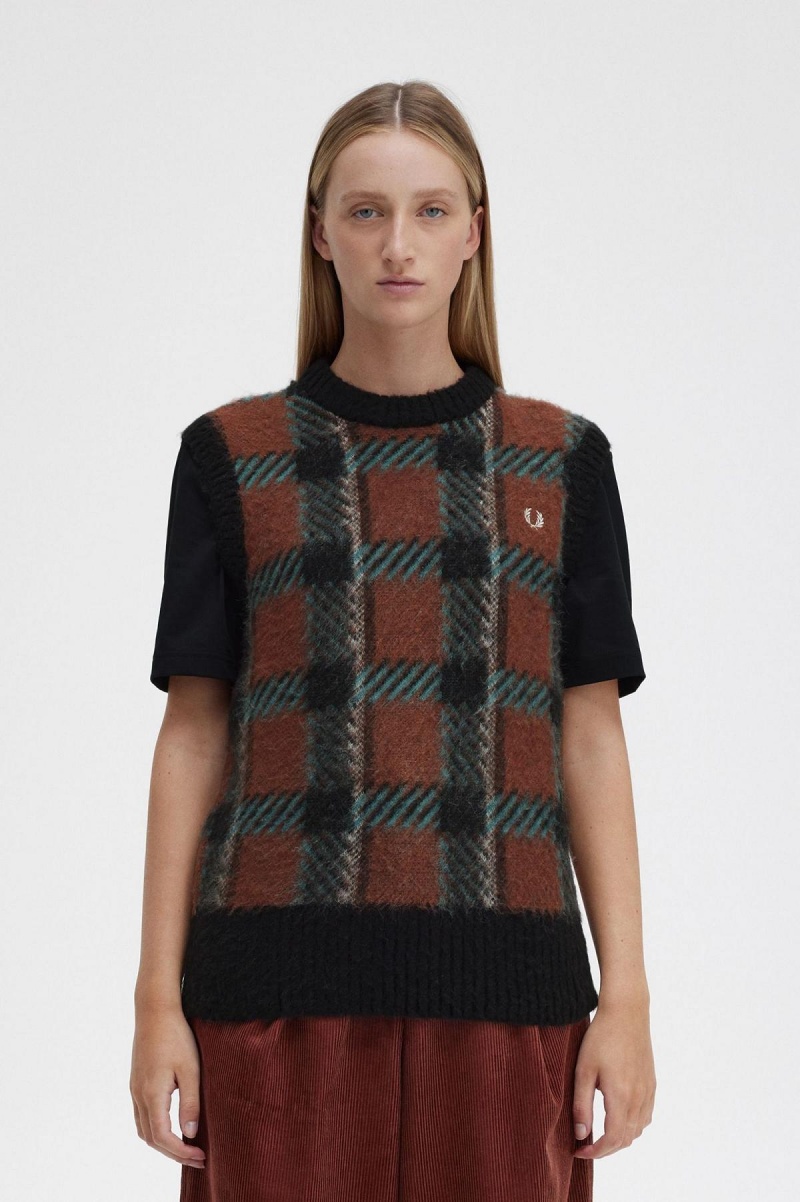 Whisky Brown Fred Perry Glitch Tartan Knitted Tank Women\'s Knitwear | CADYB93216