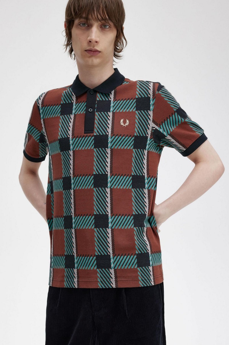 Whisky Brown Fred Perry Glitch Tartan Polo Shirt Men's Polo Shirts | CAXMI93716