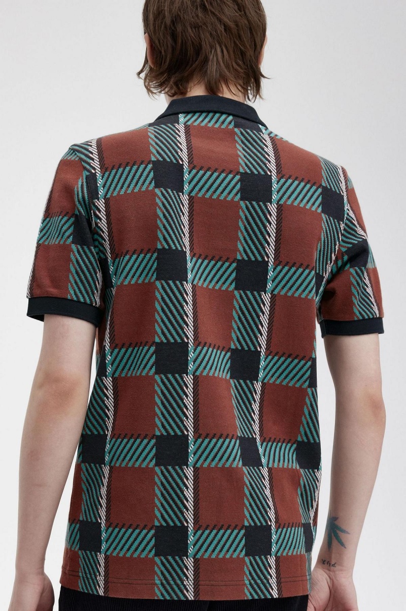 Whisky Brown Fred Perry Glitch Tartan Polo Shirt Men's Polo Shirts | CAXMI93716