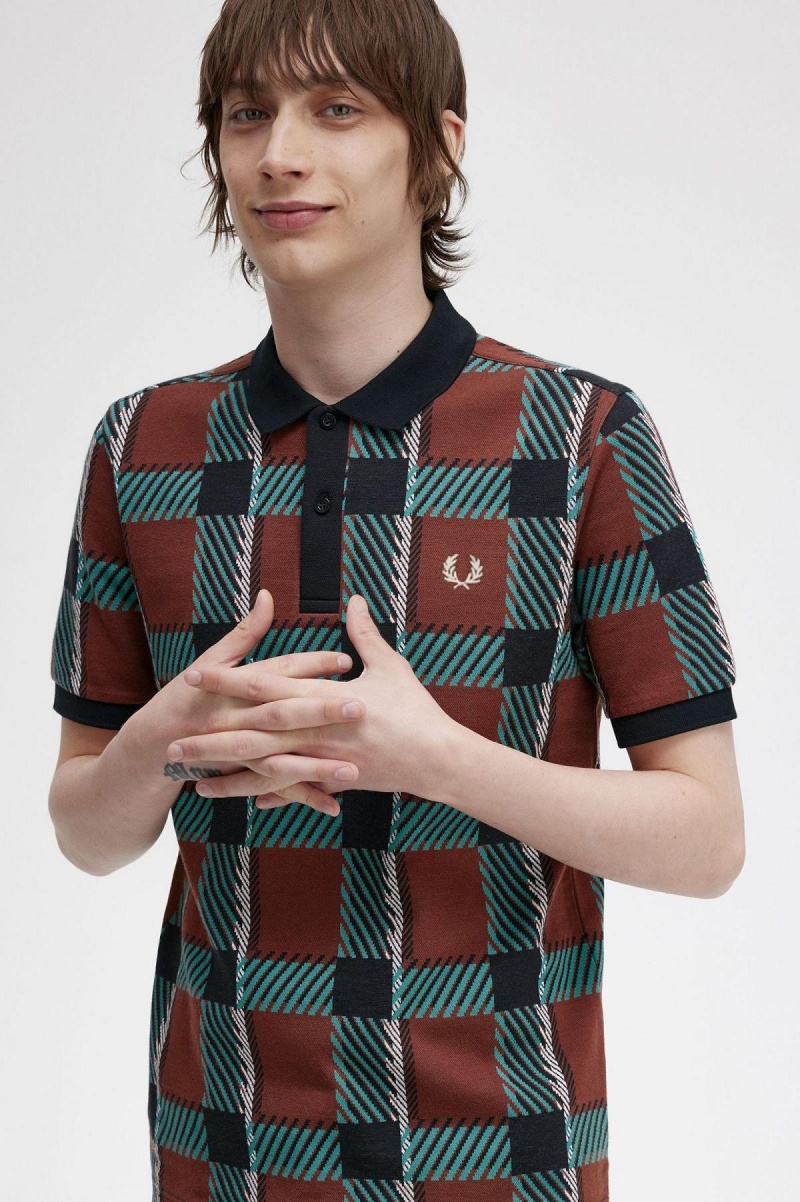 Whisky Brown Fred Perry Glitch Tartan Polo Shirt Men's Polo Shirts | CAXMI93716