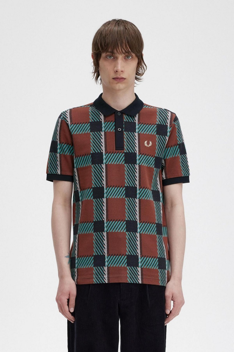 Whisky Brown Fred Perry Glitch Tartan Polo Shirt Men\'s Polo Shirts | CAXMI93716