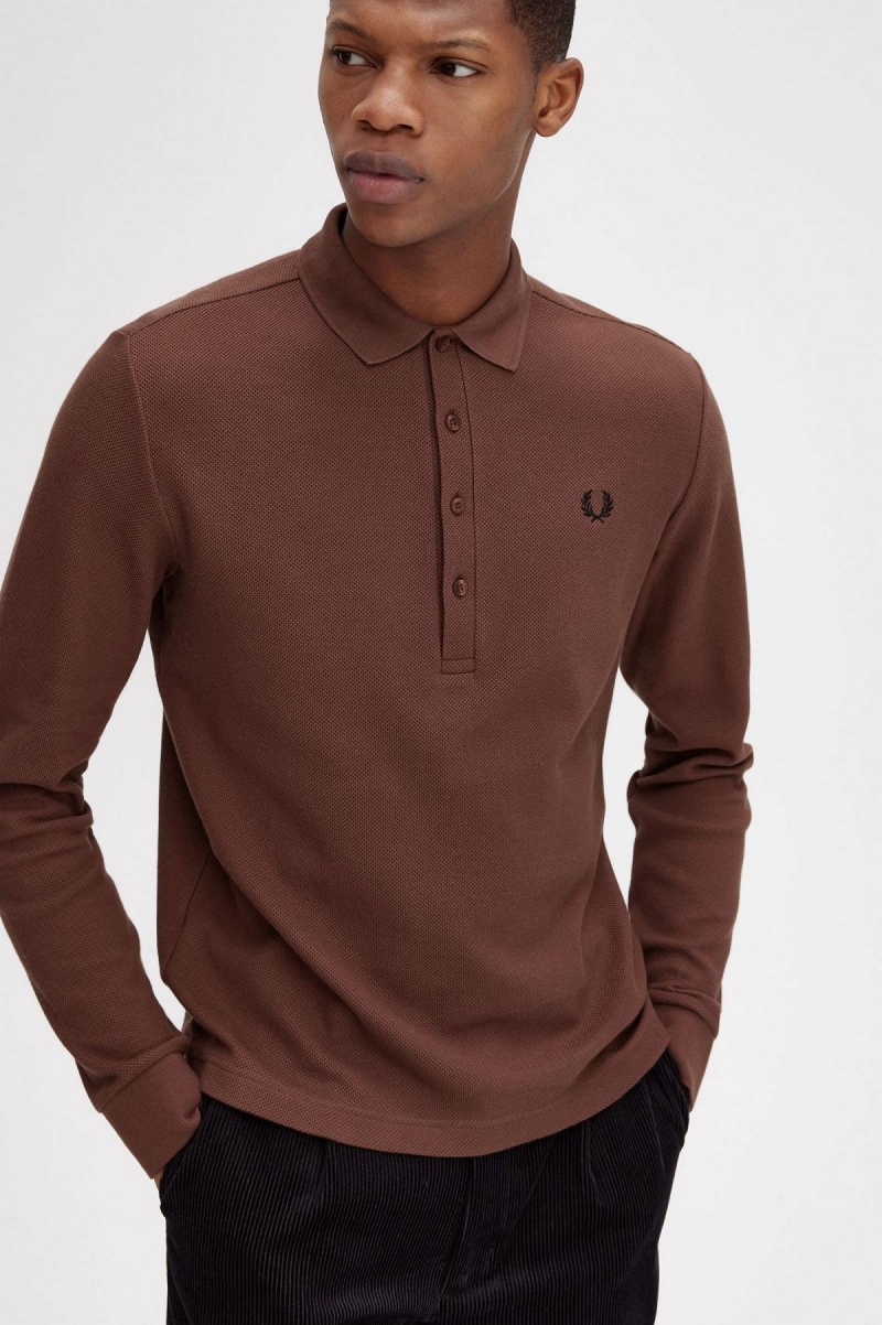 Whisky Brown Fred Perry Honeycomb Cotton Long Sleeve Polo Shirt Men's Polo Shirts | TCAWZ51533