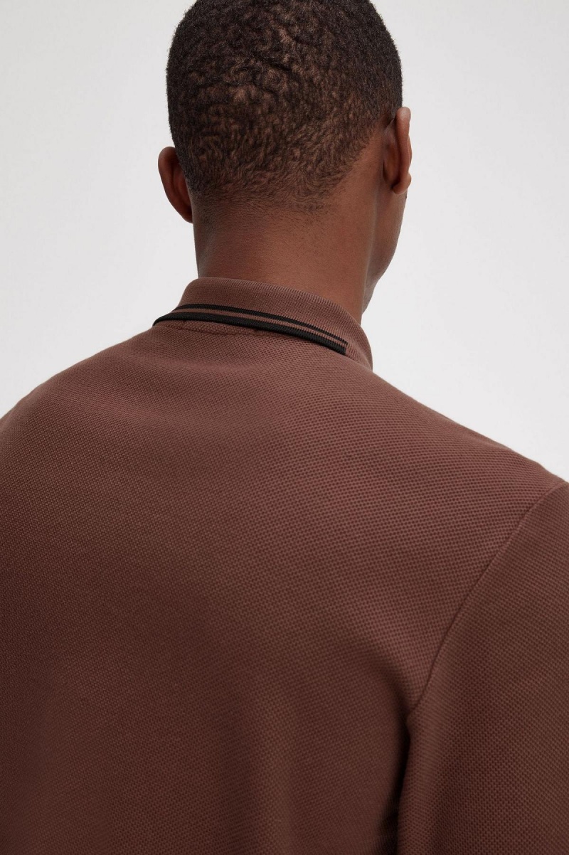 Whisky Brown Fred Perry Honeycomb Cotton Long Sleeve Polo Shirt Men's Polo Shirts | TCAWZ51533