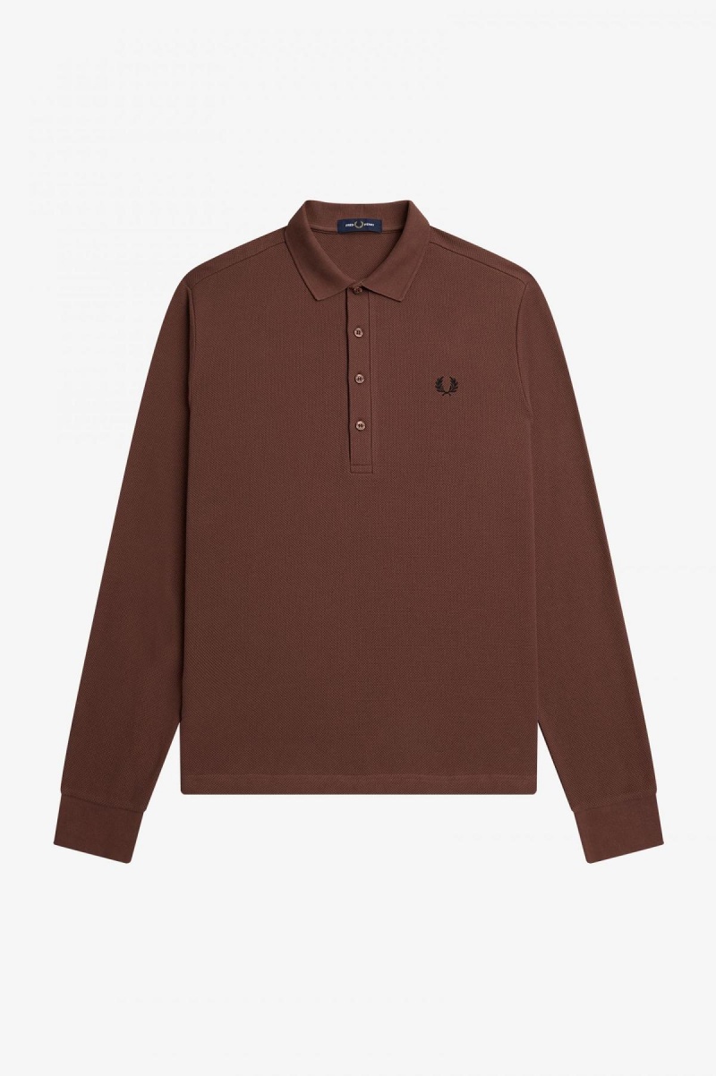 Whisky Brown Fred Perry Honeycomb Cotton Long Sleeve Polo Shirt Men's Polo Shirts | TCAWZ51533