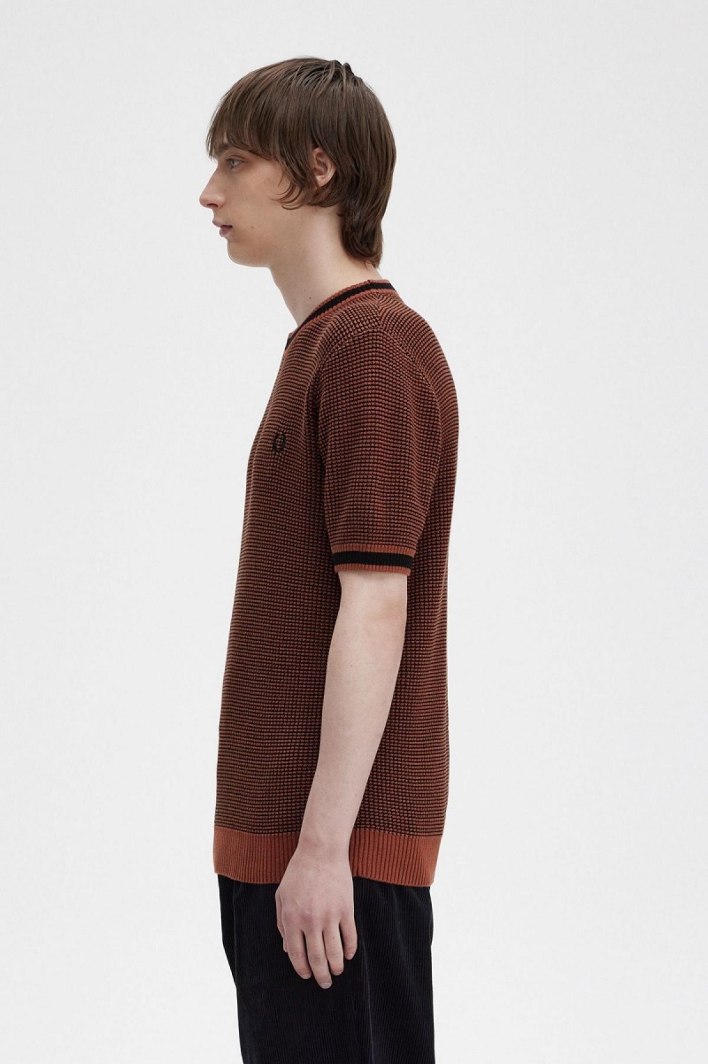 Whisky Brown Fred Perry Textured Knitted T-Shirt Men's Knitwear | CAJBT10522