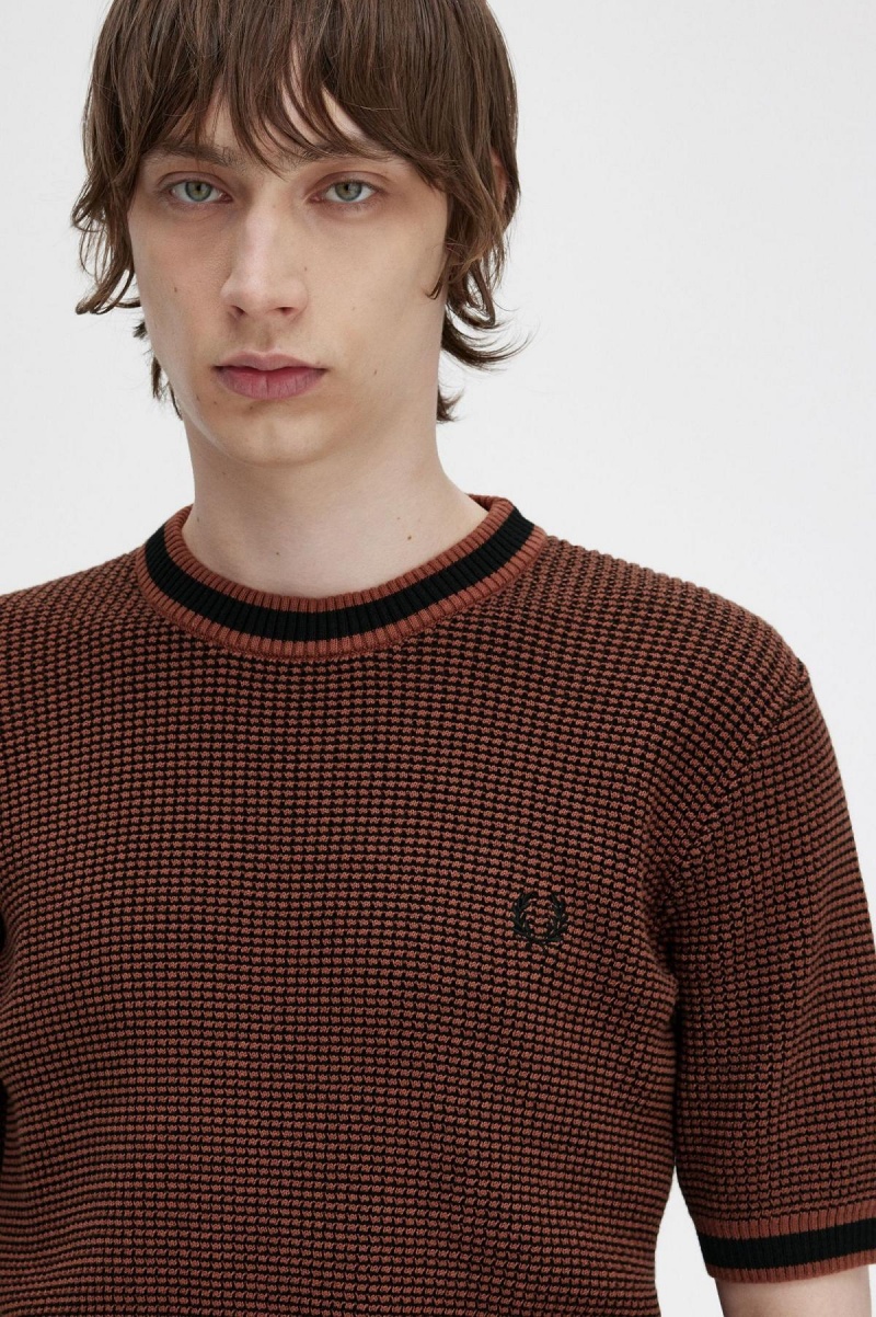 Whisky Brown Fred Perry Textured Knitted T-Shirt Men's Knitwear | CAJBT10522