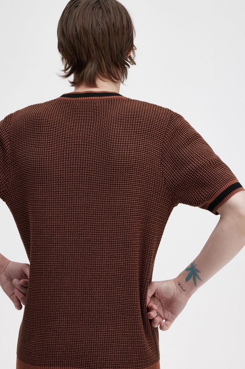 Whisky Brown Fred Perry Textured Knitted T-Shirt Men's Knitwear | CAJBT10522