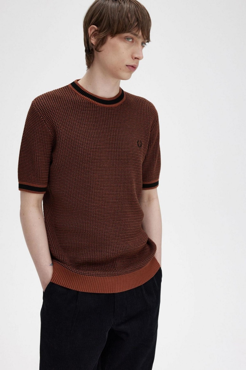 Whisky Brown Fred Perry Textured Knitted T-Shirt Men's Knitwear | CAJBT10522