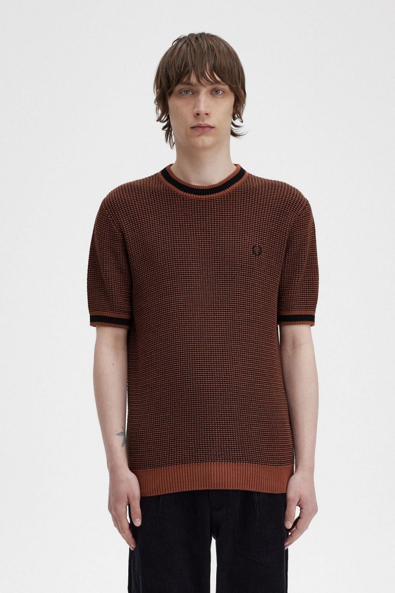 Whisky Brown Fred Perry Textured Knitted T-Shirt Men\'s Knitwear | CAJBT10522